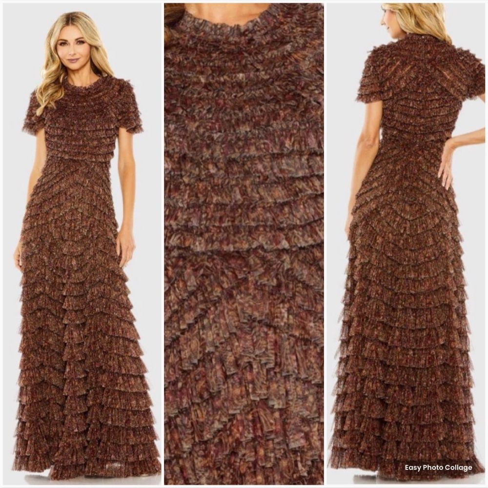 Nwt Mac Duggal 8042 Ruffle Tiered High Neck Dress Brown Size 22